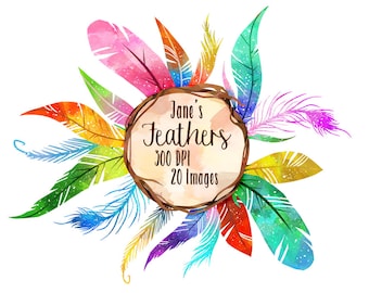 Watercolor Bright Feathers Clipart - Watercolor Feathers Download - Instant Download - Bright Illustrated Feathers