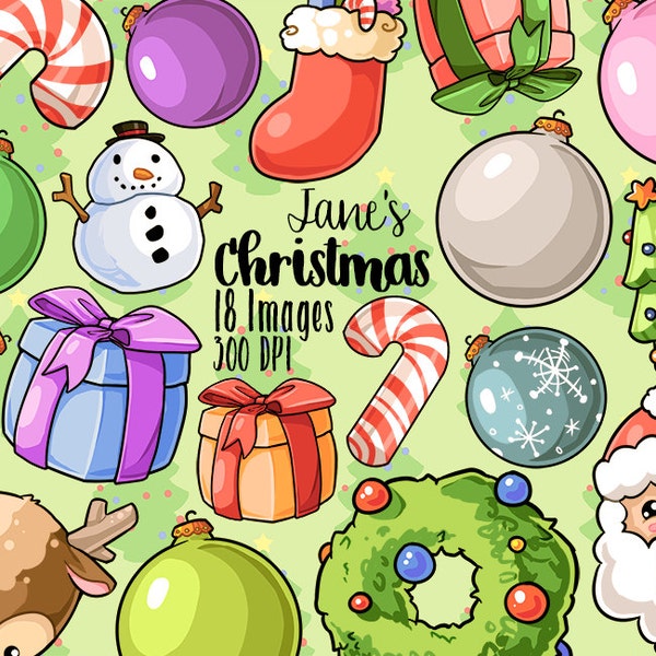 Kawaii Christmas Clipart - Kawaii Download - Instant Download -Santa, Rudolf, Snowman, Stocking and more!