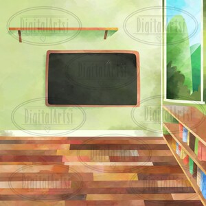 May include: A green and brown classroom with a chalkboard, a bookshelf, and a window with a view of a green landscape. The floor is made of wood.