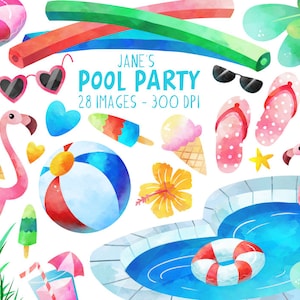 Clipart de fiesta en la piscina con acuarela - Clipart de verano - Descarga instantánea - Clipart de piscina - Clipart de fiesta - Clipart de pelota de playa - Flip Flips
