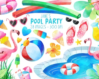 Watercolor Pool Party Clipart - Summer Clipart - Instant Download - Pool Clipart - Party Clipart - Beach Ball Clipart - Flip Flips