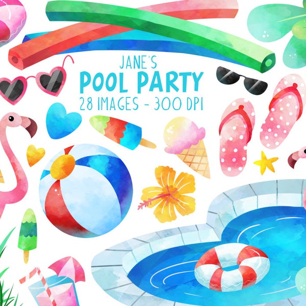 Watercolor Pool Party Clipart - Summer Clipart - Instant Download - Pool Clipart - Party Clipart - Beach Ball Clipart - Flip Flips