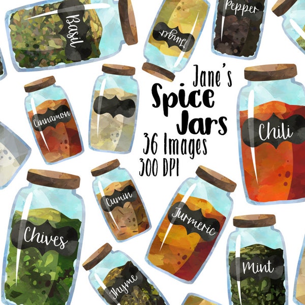 Watercolor Spice Jars Clipart - Herbs Clipart - Instant Download - Watercolor Salt - Paprika - Thyme - Rosemary - Chives