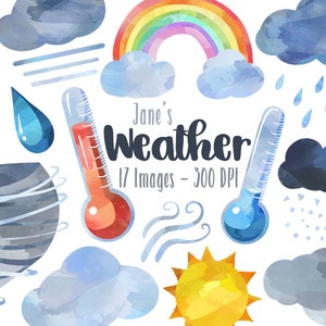 Clipart météo aquarelle - nuages - téléchargement immédiat - arc-en-ciel - tempête - tornade - thermomètre - éclair - et plus encore !