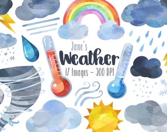 Watercolor Weather Clipart - Clouds Download - Instant Download - Rainbow - Storm - Tornado - Thermometer - Lightning - and more!