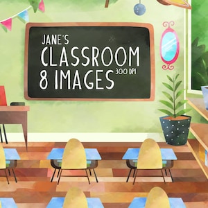 Clipart klaslokaal aquarel - leraar downloaden - direct downloaden - scène in de klas - onderwijs voor kinderen - basisschool - handgetekende