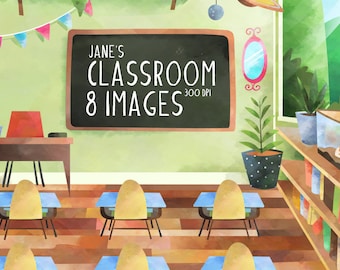 Watercolor Classroom Clipart - Teacher Download - Instant Download - Classroom Scene - Children's Education - Elementary School