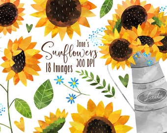 Watercolor Sunflower Clipart - Flowers Download - Instant Download - Summer - Rustic - American - Floral - Yellow - Orange