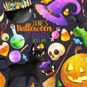 Watercolor Halloween Clipart Halloween Items Download Instant Download Black Cat Jack-o-Lantern Witch Commercial Use image 1