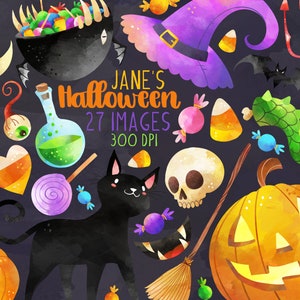 Clipart Halloween aquarelle - téléchargement d'objets Halloween - téléchargement immédiat - chat noir - citrouille d'Halloween - sorcière - usage Commercial