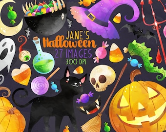 Aquarell Halloween Clipart: Schwarze Katze, Hexe, Kürbis (Kommerzielle Nutzung) (Instant Download)