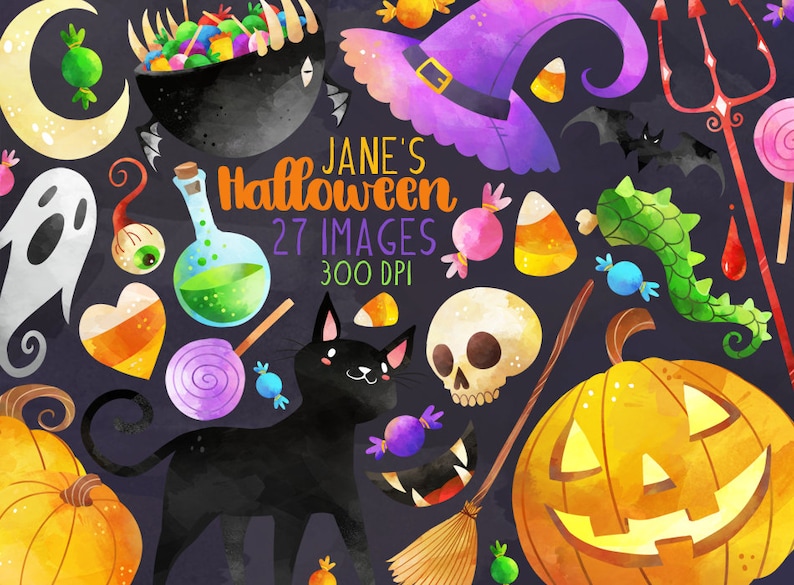 Watercolor Halloween Clipart - Halloween Items Download - Instant Download - Black Cat - Jack-o-Lantern - Witch - Commercial Use 