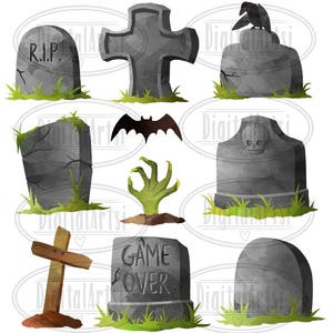 Puede incluir: Un conjunto de 10 im&aacute;genes de clipart de Halloween en acuarela. Las im&aacute;genes incluyen una l&aacute;pida con cruz, una l&aacute;pida con el texto "R.I.P." en ella, una l&aacute;pida con una calavera y huesos cruzados, una l&aacute;pida con el texto "Game Over", una l&aacute;pida con un cuervo en la parte superior, un murci&eacute;lago, una mano de zombi y una l&aacute;pida simple. Las im&aacute;genes son perfectas para crear manualidades, tarjetas y decoraciones de Halloween.