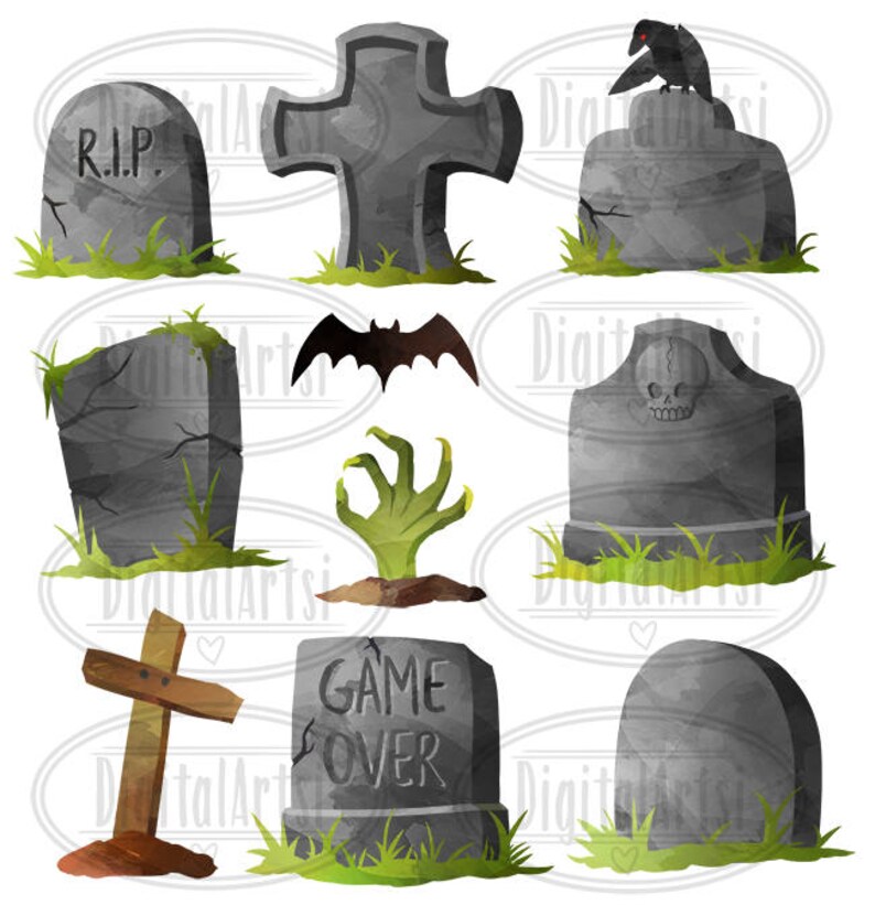 Puede incluir: Un conjunto de 10 im&aacute;genes de clipart de Halloween en acuarela. Las im&aacute;genes incluyen una l&aacute;pida con cruz, una l&aacute;pida con el texto "R.I.P." en ella, una l&aacute;pida con una calavera y huesos cruzados, una l&aacute;pida con el texto "Game Over", una l&aacute;pida con un cuervo en la parte superior, un murci&eacute;lago, una mano de zombi y una l&aacute;pida simple. Las im&aacute;genes son perfectas para crear manualidades, tarjetas y decoraciones de Halloween.