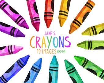 Può includere: Un set di 19 illustrazioni di pastelli ad acquerello in vari colori, disposti in un cerchio. Il testo "JANE'S CRAYONS 19 IMAGES 300 DPI" è al centro del cerchio.