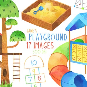 Clipart di un parco giochi ad acquerello - Download di una palestra nella giungla - Download immediato - Scuola elementare - Altalena - Scivolo - Casa sull'albero - Gioco per bambini