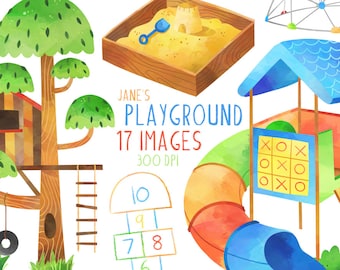 Watercolor Playground Clipart - Jungle Gym Descargar - Descarga instantánea - Escuela primaria - Columpio - Tobogán - Casa del árbol - Juegos infantiles