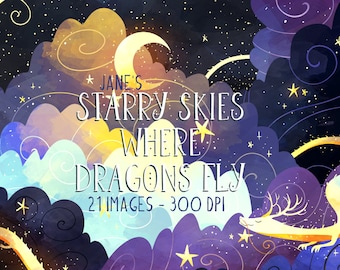 Watercolor Starry Skies Clipart - Environment Download - Instant Download - Flying Dragon - Clouds - Night Sky - Fantasy Sky - Moon and Star