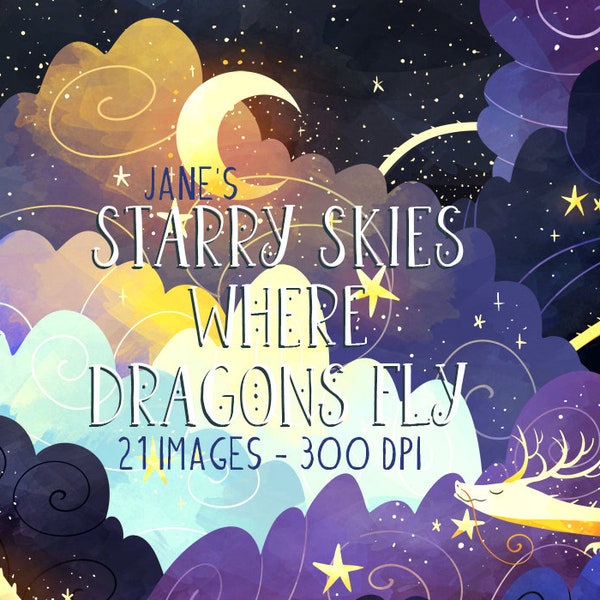 Watercolor Starry Skies Clipart - Environment Download - Instant Download - Flying Dragon - Clouds - Night Sky - Fantasy Sky - Moon and Star