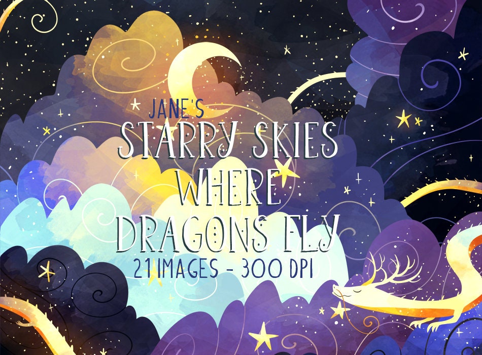 Watercolor Starry Sky Clipart: Dragon Fantasy Scene (Digital Download)