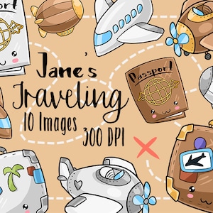 Clipart de viajes kawaii - Descarga de aventuras - Descarga de diseños kawaii - Pasaporte - Dirigible - Aviones - Maleta