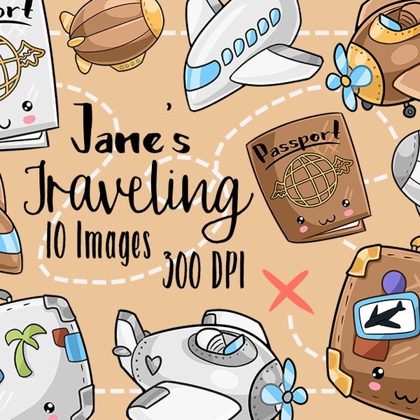 Kawaii Travel Clipart - Adventure Download - Kawaii Design Download - Passport - Blimp - Planes - Suitcase