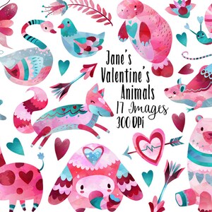 Aquarell Valentinstag Tiere Clipart - Valentinstag Grafik Download - Manatee - Ratte - Giraffe - Fuchs - Schnecke - Bär - Elefant