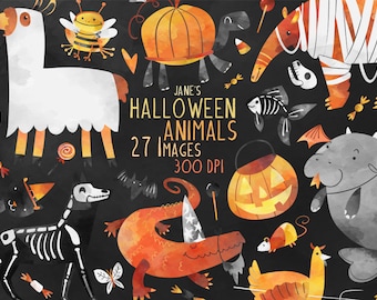 May include: A set of 27 digital illustrations of Halloween animals. The images are in a watercolor style and feature a variety of animals, including a llama, a bee, a turtle, a fish, a hippopotamus, a dog, a lizard, a mouse, and a chicken. The animals are all dressed up in Halloween costumes, such as a ghost costume, a bee costume, a pumpkin costume, a skeleton costume, a witch costume, and a mummy costume. The images are perfect for use in Halloween crafts, cards, and decorations.