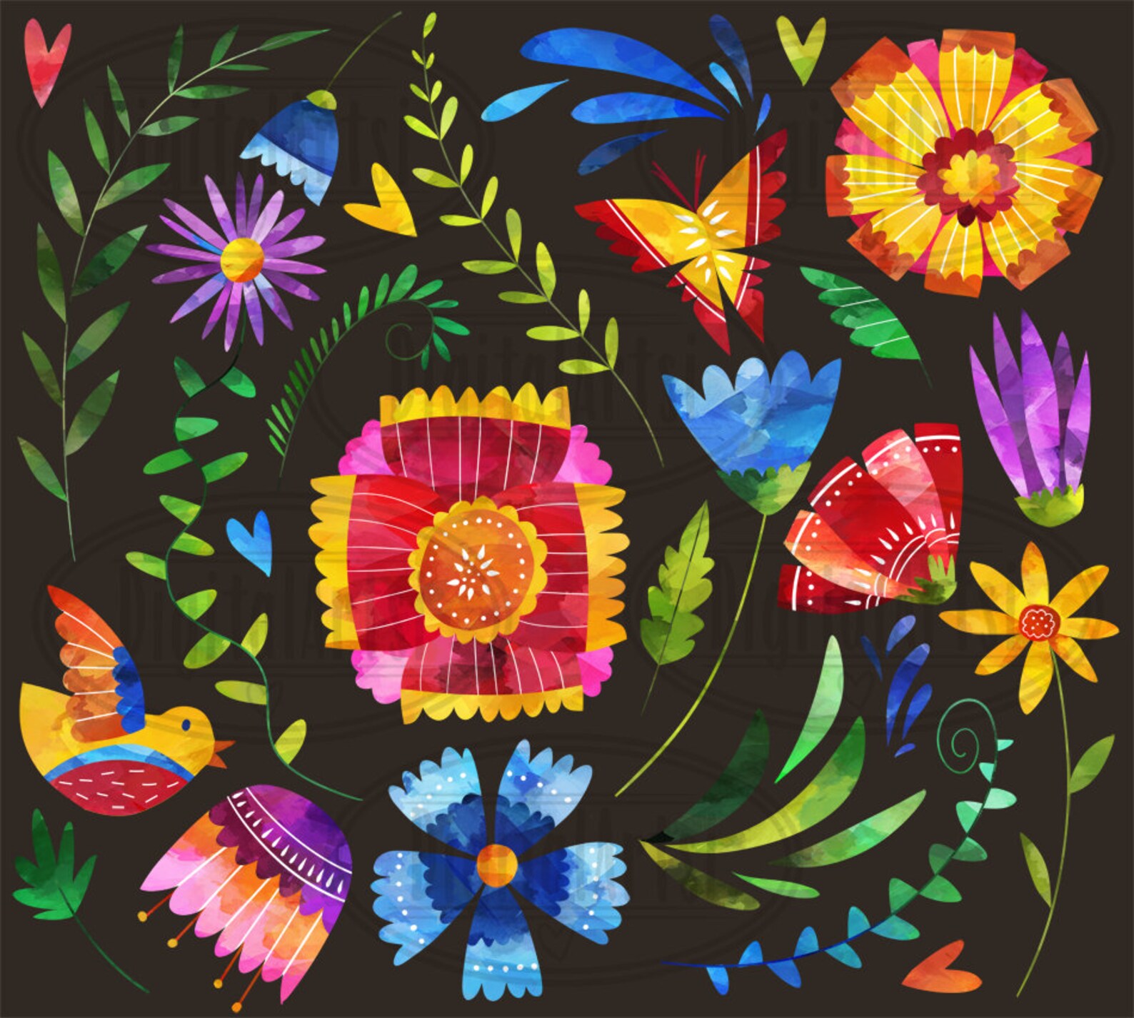 Watercolor Fiesta Flowers Clipart: Mexican Otomi Floral (instant ...