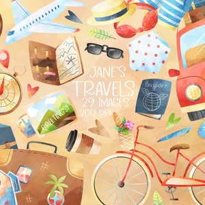 Clipart de viaje en acuarela - Descarga de vacaciones - Descarga instantánea - Bicicleta - Avión - Automóvil - Maleta - Vintage - Globo - Postal