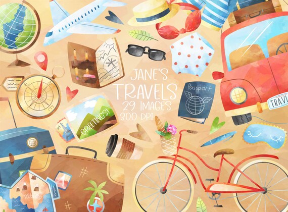 Watercolor Travel Clipart - Vacation Download - Instant Download - Bicycle - Airplane - Car - Suitcase - Vintage - Globe - Postcard