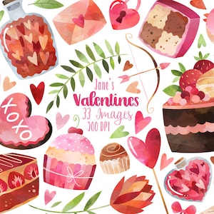 Aquarell Valentinstag Clipart - Valentinstag Download - Instant Download - Liebe - Kuchen - Vogel - Trank - Herzen - Blume - Schleife