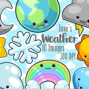 Kawaii Space and Weather Clipart - Kawaii Download - Instant Download - Clouds Stars Rainbow and Earth Items