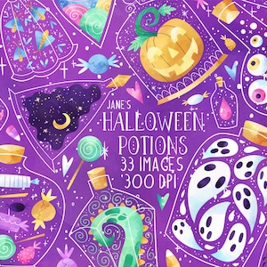 Puede incluir: Una colección de 33 ilustraciones digitales de botellas de pociones de Halloween con varios ingredientes mágicos, incluyendo caramelos, ojos, fantasmas y una calabaza. El texto "Jane's Halloween Potions 33 Images 300 DPI" está escrito en blanco sobre un fondo morado.