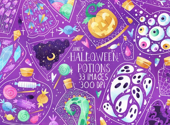 Watercolor Halloween Potions Clipart: Candy, Bats, Spiders (Digital Download, Human Made)