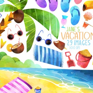 Clipart de férias tropicais em aquarela - Clipart de praia - Download instantâneo - Viagem em família em aquarela - Clipart de palmeira - Tucano - Verão
