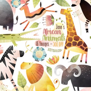 May include: A set of 18 watercolour illustrations of African animals, including a giraffe, zebra, elephant, lion, crocodile, and more. The illustrations are in a whimsical style with bright colours and playful details. The text "Jane's African Animals 18 Images - 300 DPI" is included in the image.