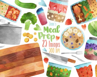 Watercolor Meal Prep Clipart: Healthy Food Graphics (Digital Download)