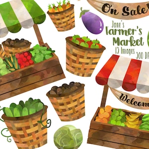 Clipart boerenmarkt aquarel: groenten- en fruitstalletjes (digitale download)