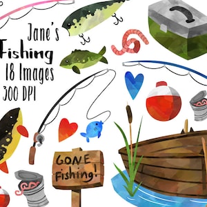 Watercolor Fishing Clipart Fishing Items Download Instant Download Watercolor Fishing Supplies Lures Rods Boat image 1