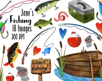 Watercolor Fishing Clipart - Fishing Items Download - Instant Download - Watercolor Fishing Supplies - Lures - Rods - Boat