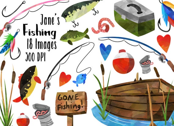 Watercolor Fishing Clipart Fishing Items Download Instant Download  Watercolor Fishing Supplies Lures Rods Boat 