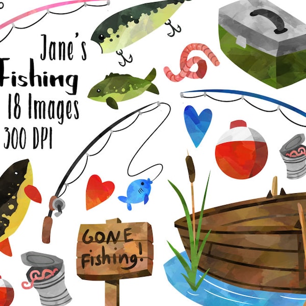 Watercolor Fishing Clipart - Fishing Items Download - Instant Download - Watercolor Fishing Supplies - Lures - Rods - Boat