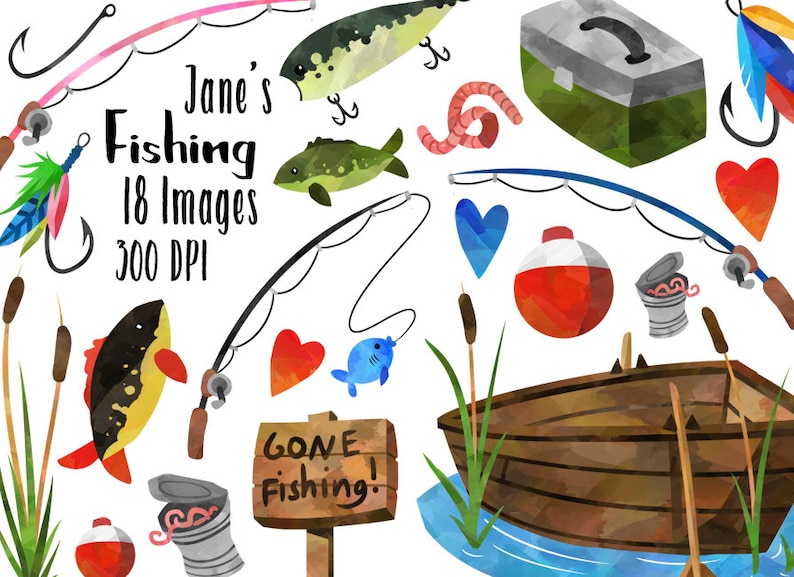 Pu&ograve; includere: Un set di illustrazioni ad acquerello a tema pesca. Il set include una barca da pesca, canne da pesca, esche, vermi, una scatola da pesca, un cartello che dice "Gone Fishing!" e altri oggetti legati alla pesca. Il set &egrave; a 300 DPI e include 18 immagini.
