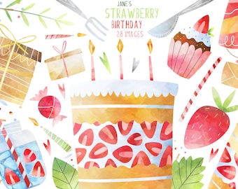 Watercolor Birthday Clipart - Party Graphics - Digital Download - Strawberry Birthday - Cupcake - Present - Candles - Birthday Cake