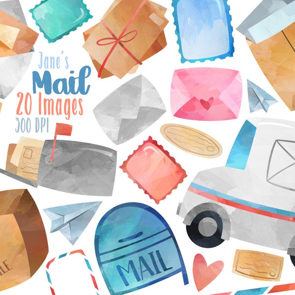 Watercolor Postage Clipart - Mail Download - Instant Download - Envelopes - Mail Truck - Mailbox - Delivery Box - Stamps - Commercial Use