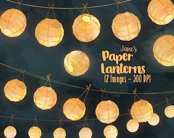 Watercolor Paper Lanterns Clipart - Chinese Lanterns Download - Instant Download - Glowing Paper Lantern Borders - Scrapbooking Supplies