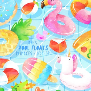 Flotadores de piscina en acuarela - Clipart de verano - Descarga instantánea - Clipart de piscina - Fiesta en la piscina - Pelota de playa - Agua de piscina - Dibujado a mano