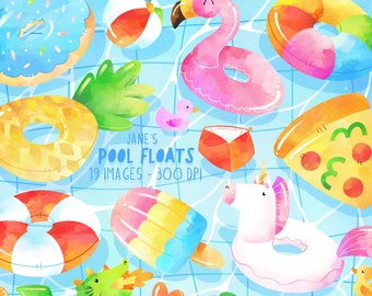 Watercolor Pool Floats Clipart - Summer Clipart - Instant Download - Pool Clipart - Pool Party - Beach Ball Clipart - Pool Water