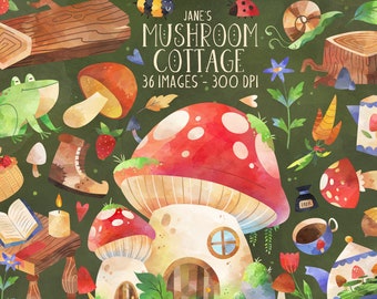 Watercolor Mushroom Cottage Clipart - Cottagecore Download - Instant Download - Mushroom House - Logs - Tree Stump - Plants and Animals